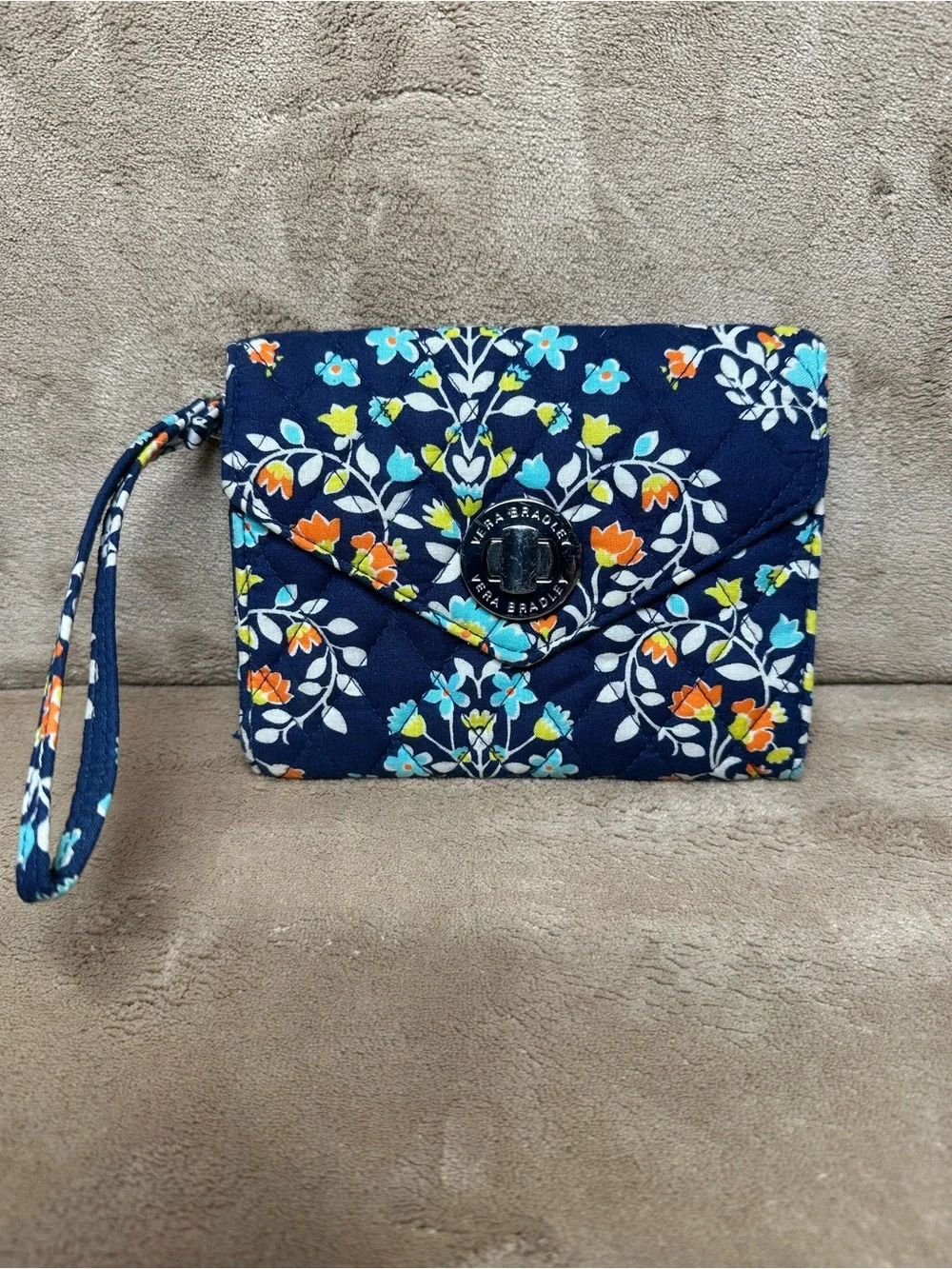 Vera Bradley Navy Floral Quilted Wristlet Clutch with Blue & Orange Accents - Picture 11 of 11